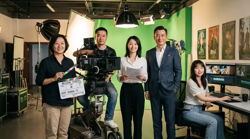 海角网专业影视制作团队在现代化摄影棚中合影，展示导演、摄影师、编剧、制片人和剪辑师